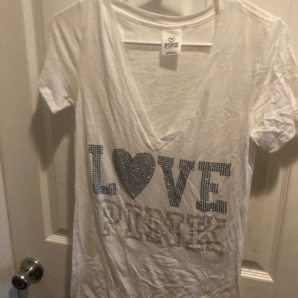 PINK Victoria's Secret White Tee with Silver Accents and Blue - Picture 2 of 6